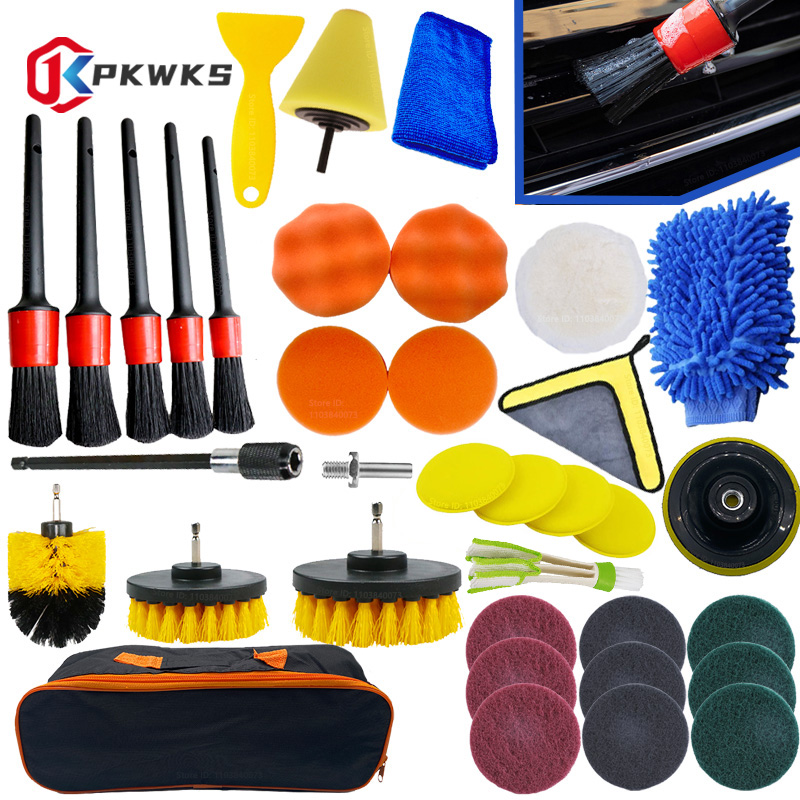 PKWKS Kit de limpieza de coche, juego de cepillos para detalles de taladro, rejillas de ventilación de aire acondicionado, pulidor de toallas, herramientas para detalles de automóviles