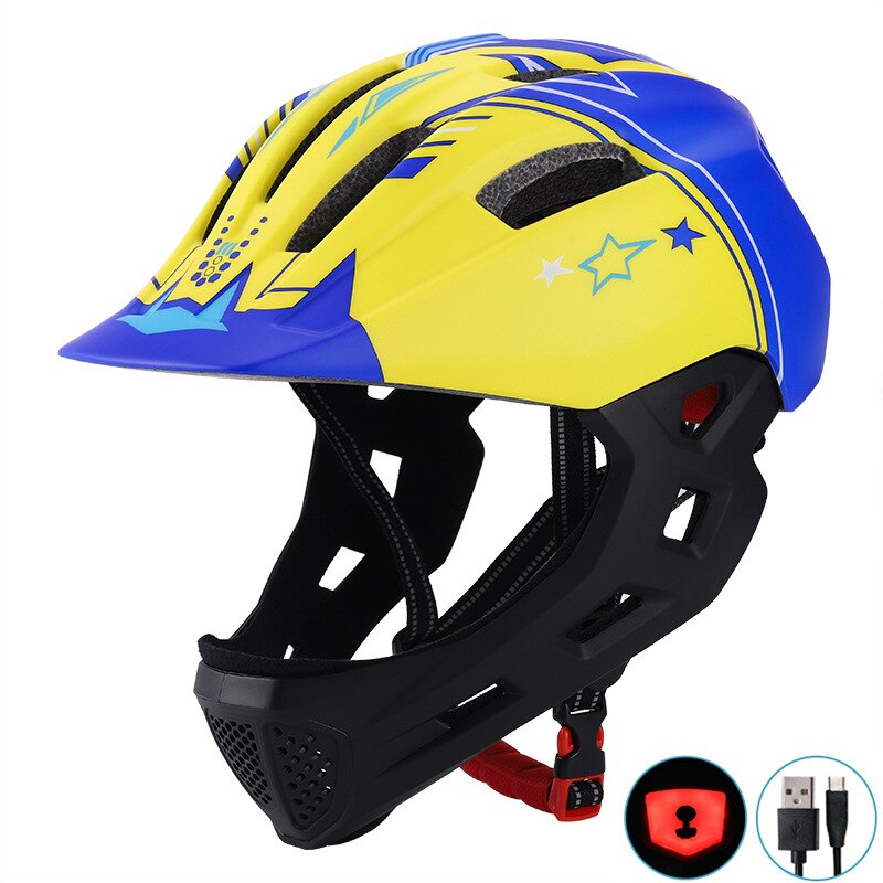 Kinder Volle Gesicht Helm Mit Rote LED Licht Kinder Fahrrad Helm Kind Helm Radfahren MTB Fahrrad Skateboard Roller Skating Helm: Yellow blue