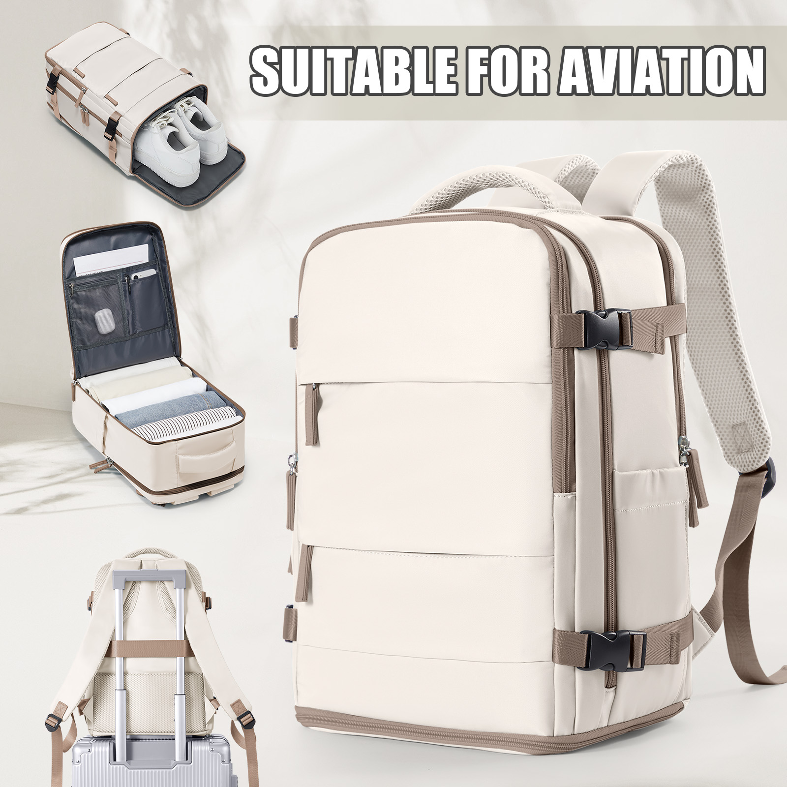 Mochila de viagem para mulheres e homens, mochila Ryanair 40x20x25 bagagem de avião de cabine EasyJet 45x36x20 mochila bolsa para laptop de negócios: 16 polegadas / Marfim