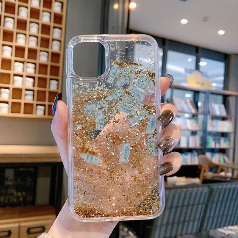 Quicksand Shining Dynamic Dollar Liquid Phone Case For iPhone 7 8 Plus XR XS Max 11 Hard PC Bling Glitter Back Cover Coque Capa