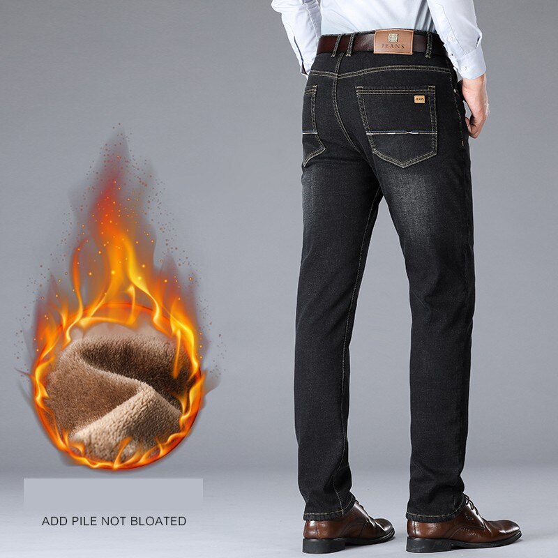 Jean extensible en flanelle thermique pour homme, pantalon droit en polaire, coupe droite, collection automne et hiver
