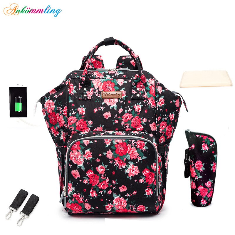 2020 novo estilo de moda saco de fraldas multi-funcional ombro atualizado mãe saco alça usb mãe saco: Nobility Peony 01