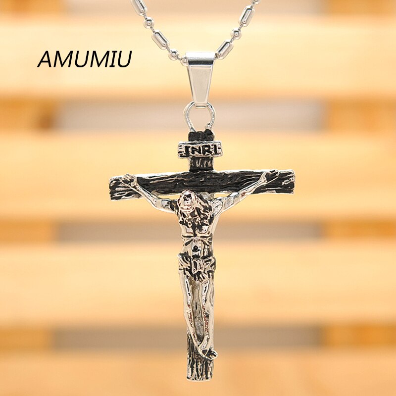 AMUMIU Biker Sieraden Voor Mannen 316L Rvs Pretty INRI Crucifix Hanger Ketting HZP164