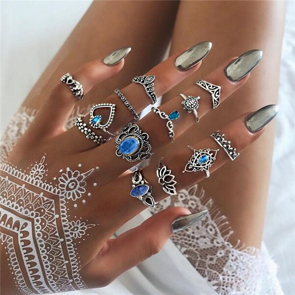 15 stks/set Vrouwen Mode Ringen Harten Fatima Handen Virgin Mary Cross Leaf Hollow Geometrische Crystal Ring Set Bruiloft Sieraden: 15233