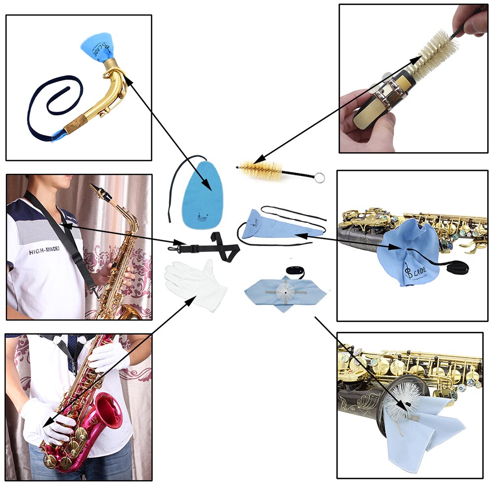 6-in-1 Saxofoon Cleaning Kit Inclusief Reinigingsdoekje Mondstuk Borstel Handschoenen Sax Draagriem Hout Instrument Onderhoud tool
