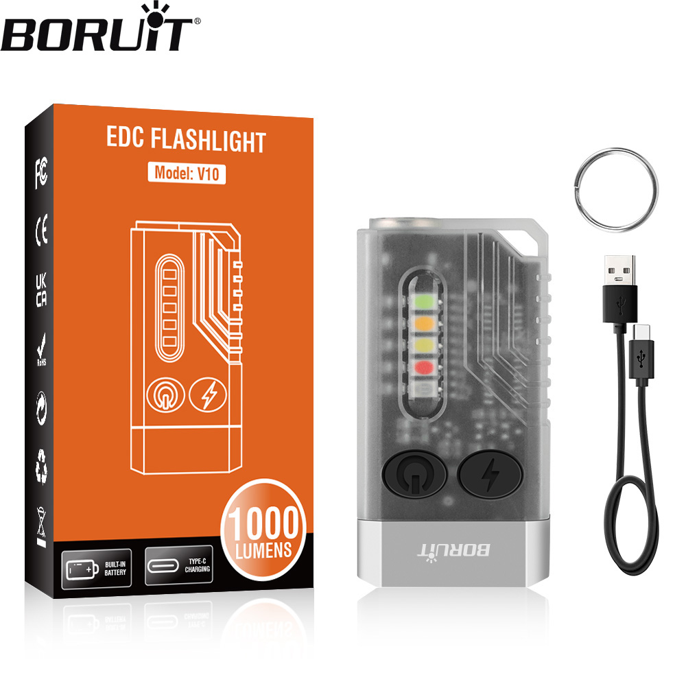 BORUiT V10 EDC Keychain Flashlight Portable Mini Torch Type-C Rechargeable Work Light With Magnet UV Beep Camping Pocket Lantern