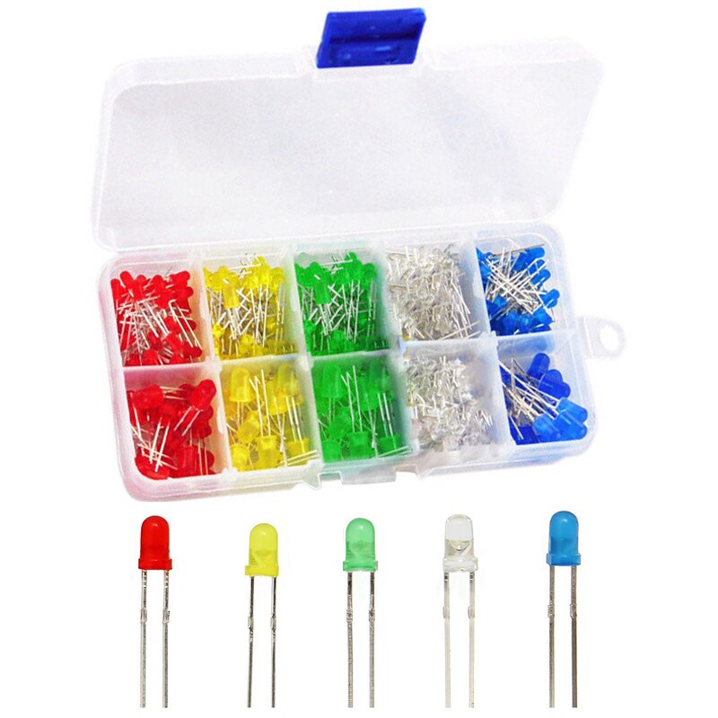 200pcs/box 3mm LED Diode Light Assorted Kit DIY Diode Set 3mm Red Green Blue Yellow White LEDs for arduino