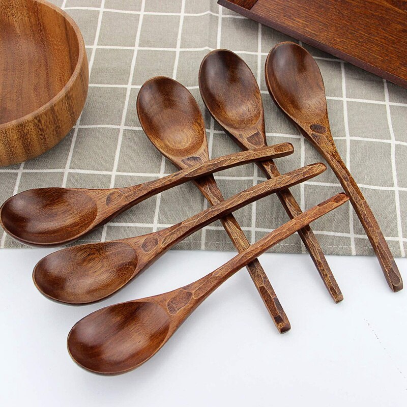 Houten Soep Lepels, 6 Stuks 7.84 Inch Japanse Ramen Lepels Ronde Nanmu Hout Lange Handvat Kids Rijst Dessert Donkerbruin