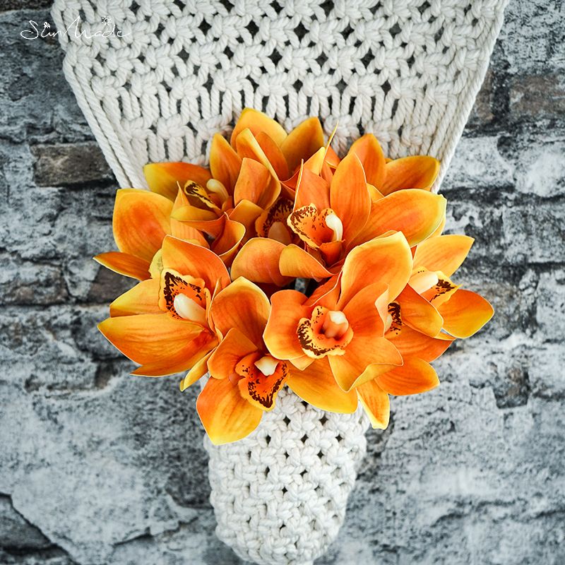SunMade-ramo de orquídeas blancas de lujo, decoración para el hogar, decoraciones de otoño, Flores Artificiales, bricolaje, 4 Uds./lote