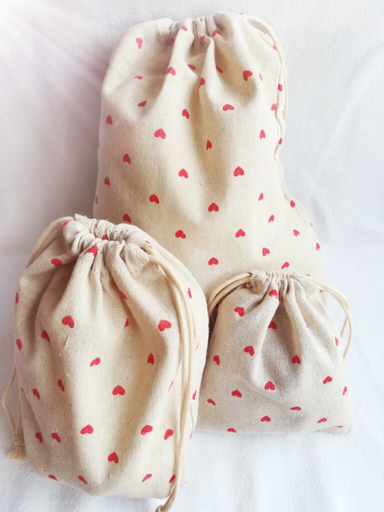 YILE Red Love Heart Cotton Linen Drawstring Organized Pouch Cosmetic Bag 8614L: M 24x22cm