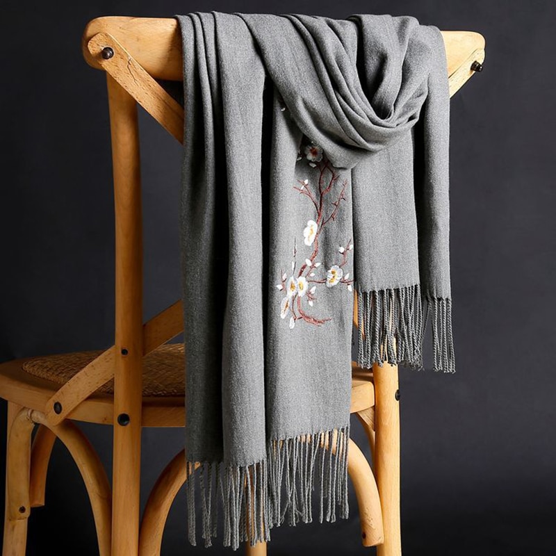 Cashmere Warm Scarves With Tassel Women Autumn Embroidery Solid Color Long Wraps Women Scarf Female Shawl Winter Scarf