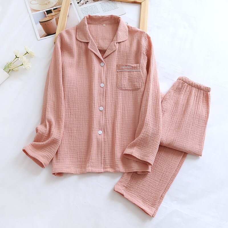 Conjuntos de Pijama de manga larga de algodón para Mujer, ropa de dormir de gasa, traje de estar por casa, 2 uds., otoño: pink / L