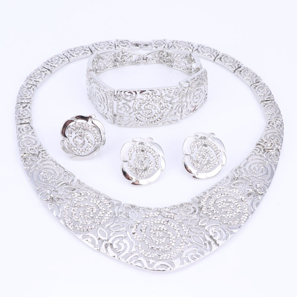 Mode Bruiloft Afrikaanse Sieraden Sets Goud Kleur Carving Bloem Verklaring Crystal Kettingen Earring Armband Ring Set