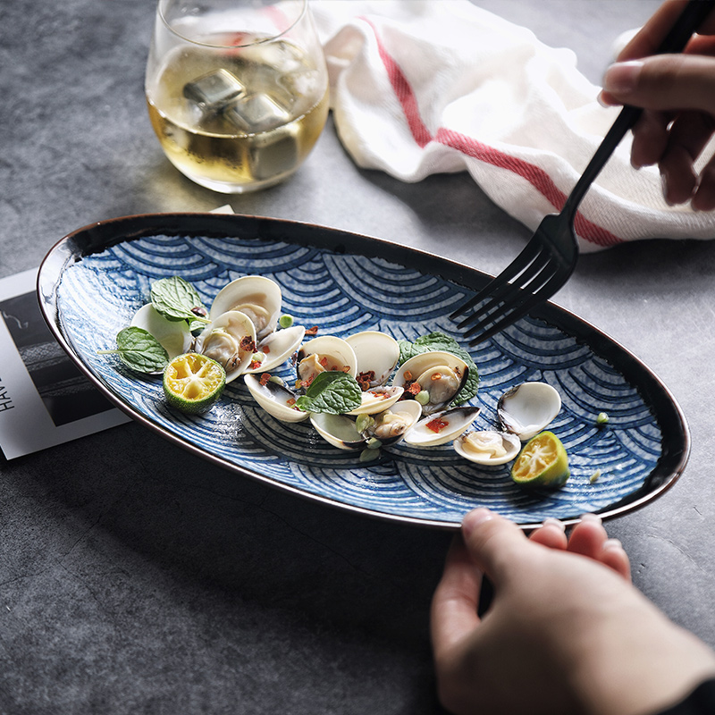 Hand-painted Japanese oval household ceramic long plate fruit plate shallow mouth salad plate dinner plate