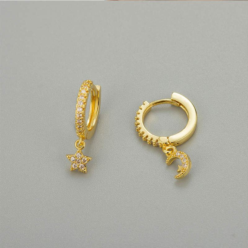 SIPENGJEL-pendientes colgantes de estrella plateada para mujer, aretes delicados de aro con forma de luna y Estrella, joyería para: GOLD