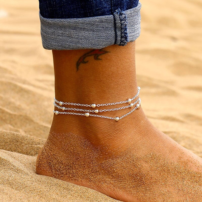 Ustar boho lagdelte kæde perler ankler til kvinder justerbar rustfrit stål fod armbånd anklet sommer sandaler smykker: Sølv