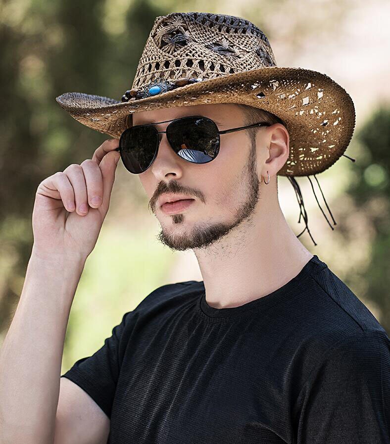 Sombrero de paja estilo vaquero para hombre y mujer, colgante de color turquesa con cuentas de madera, estilo Retro, para verano