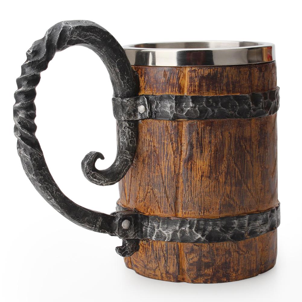 500ml Viking Wood style Beer Mug as Christmas Simulation Wooden Barrel Beer Cup Double Wall Drinking Mug Metal Insulated