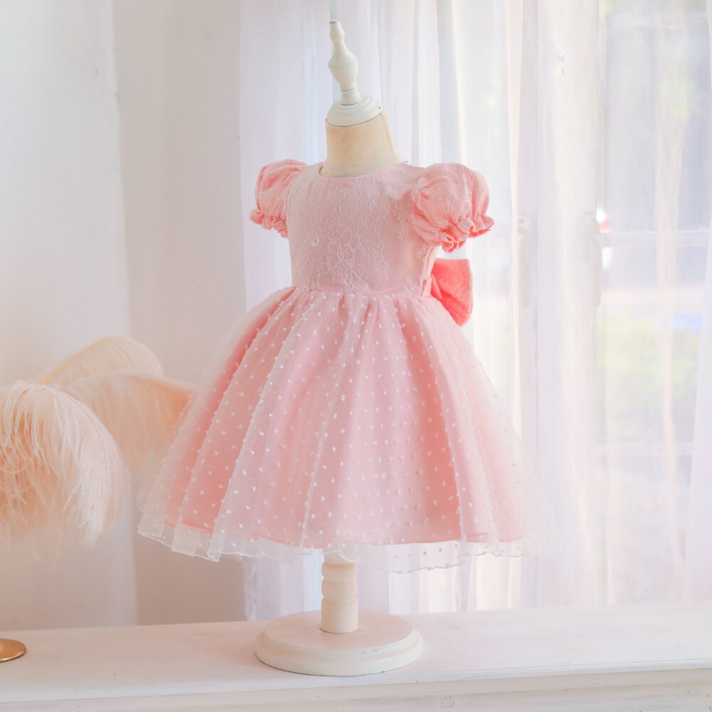 Ma y 6M-5Y bebé chico niñas vestido de encaje arco Puff manga tul boda cumpleaños vestidos para niñas: Light Pink / 6-12M