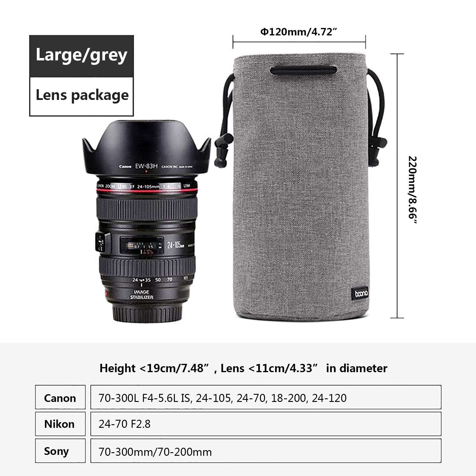 Sacoche de protection pour objectif d&#39;appareil photo, étui en Lycra pour appareils photo DSLR, Nikon, Canon, Sony, Olympus, Fuji: Lens Case Grey-L