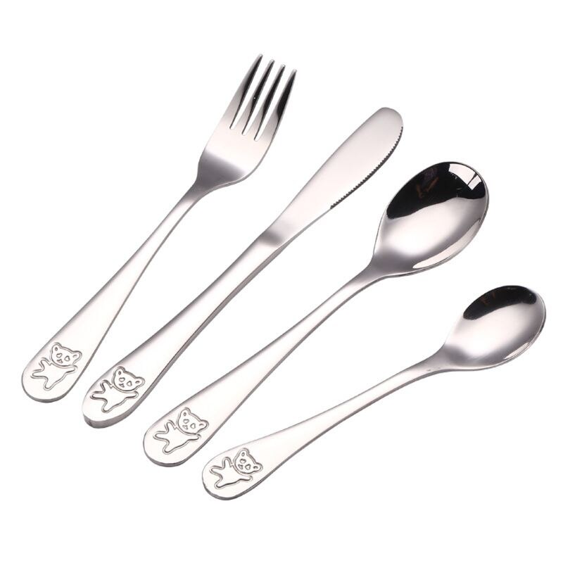 Utensílios de talhares, 4 pçs/set bebê colher de chá garfo de alimentação faca conjunto de aço inoxidável crianças aprendizagem de hábum