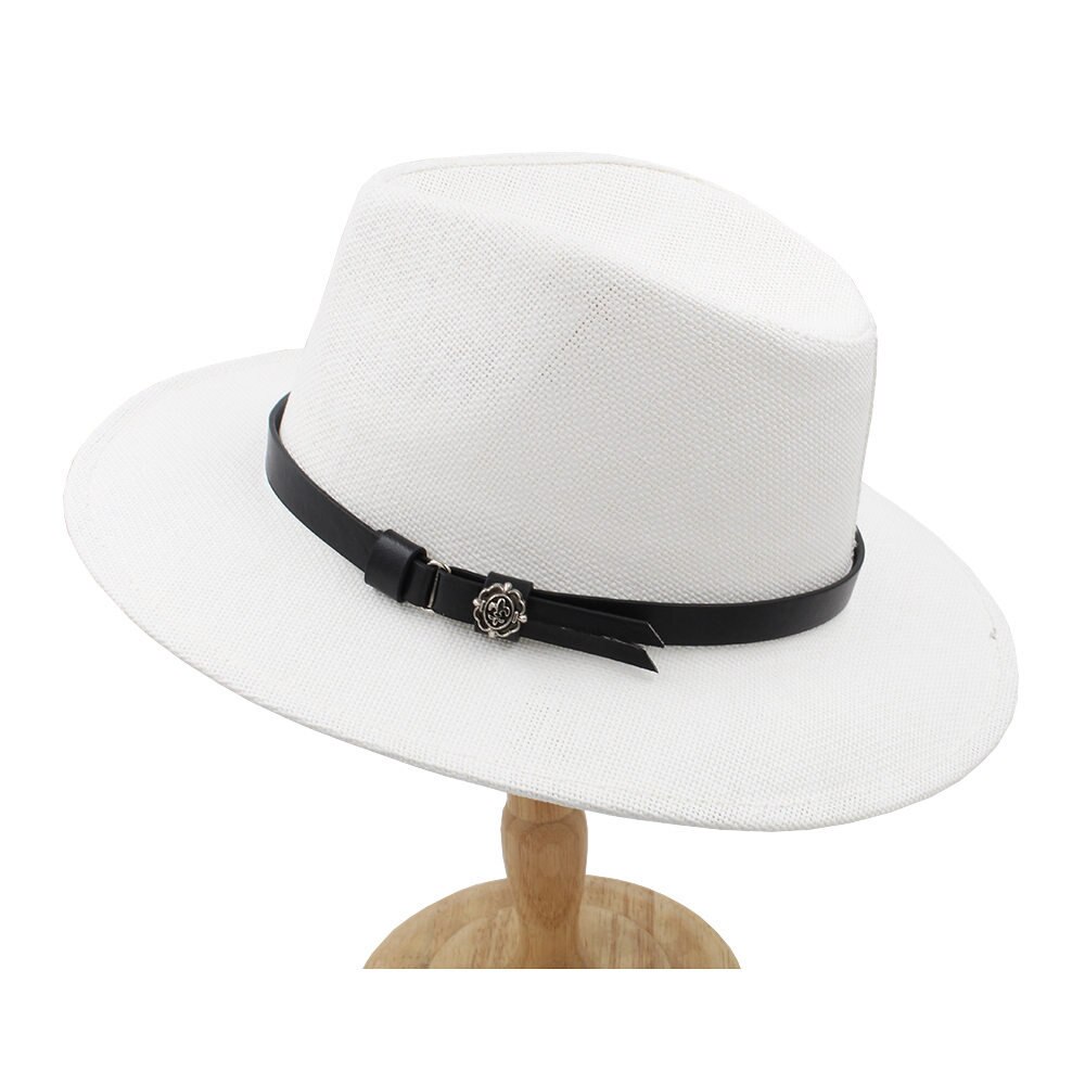 100 & % Stro Vrouwen Mannen Brede Rand Panama Hoed Voor BeachSun Hoed Met Strik Schipper Cap Size 56- 58 cm: White