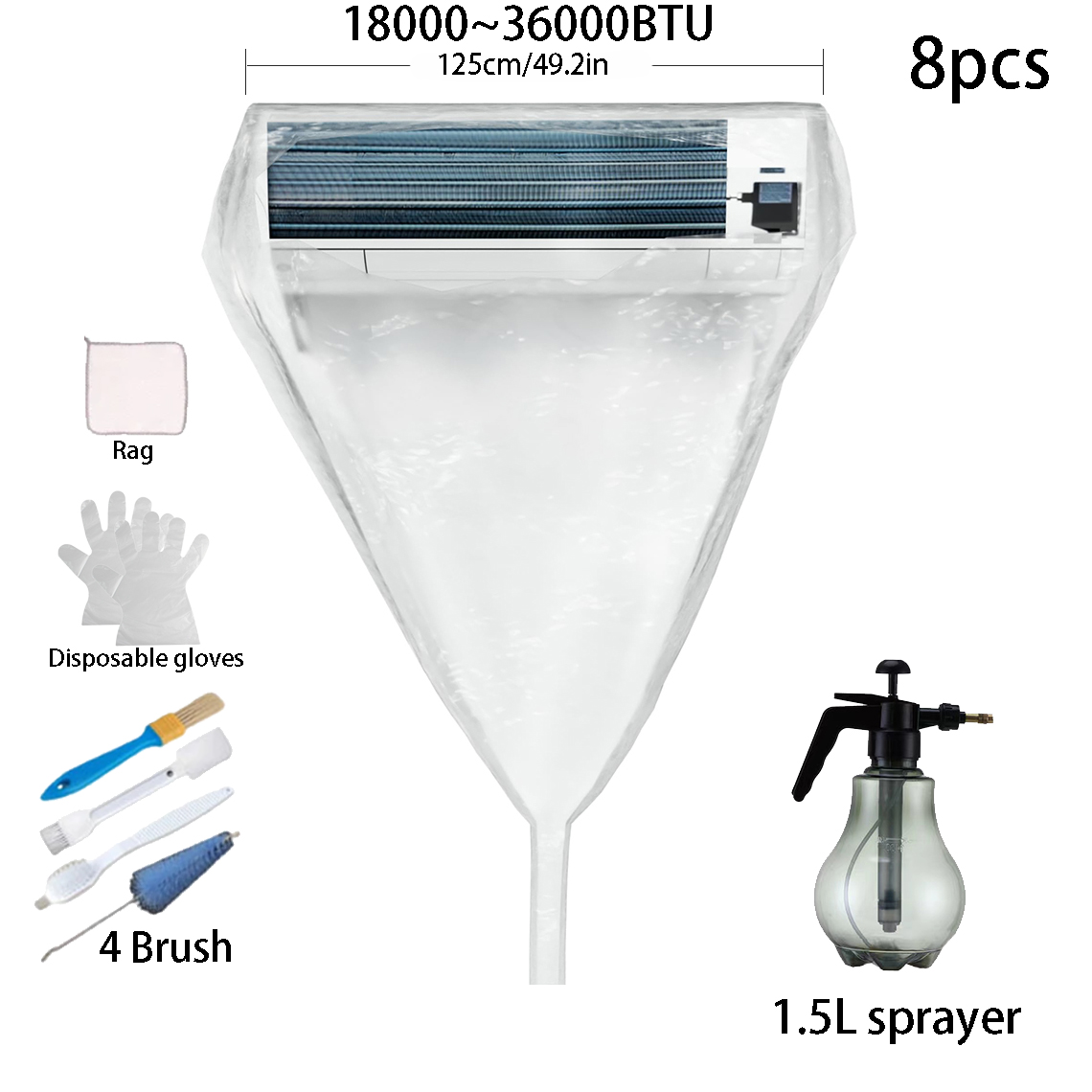 Kit de cubierta de limpieza de aire acondicionado grande de 95/125cm, bolsa de agua totalmente cubierta, juego de herramientas de eliminación de polvo de CA, limpiador grueso, verano: Azul