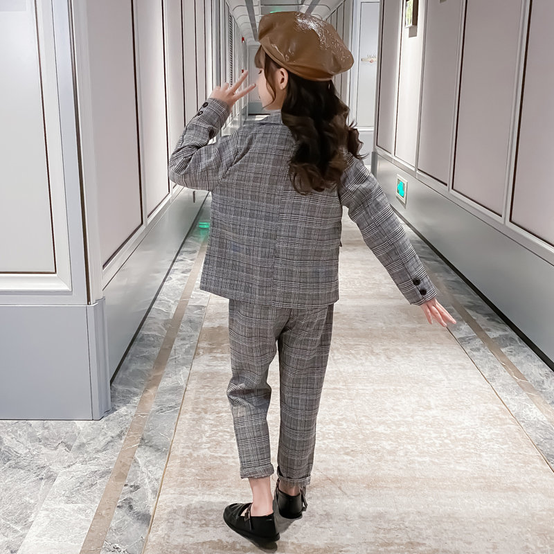Conjuntos de traje de para niñas, traje Formal a cuadros, chaquetas + Pantalones, conjunto de Blazer escolar, ropa para niñas de 8 a 10 años