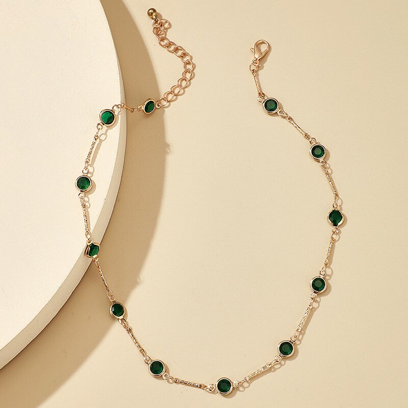 24K Vergulde Groene Strass Ketting Voor Vrouwen Single Layer Sleutelbeen Keten Hanger Verjaardag Bestie Kerstcadeaus