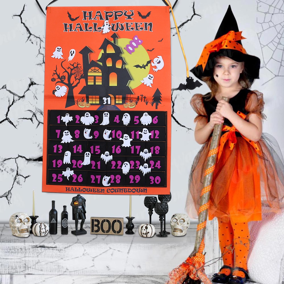 Halloween Countdown Kalender Met 30Pcs Afneembare Ghost Sticker Ornamenten Muur Opknoping Decoratie Voor Thuis Decoratie