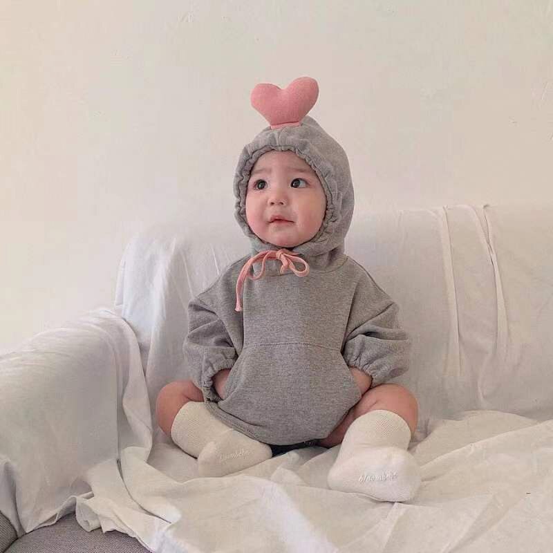 Babyjongen/meisje schattig hart kostuum effen roze grijs bodysuit warme herfst winter katoenen kleding 0 1 2 jaar verjaardag: Grijs / 9m
