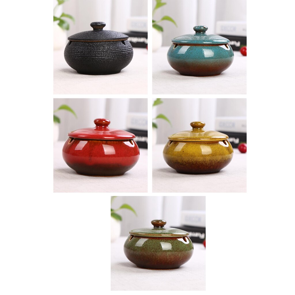 5Colors Garden Ceramic Ashtray with Lid Outdoor Indoor, Height 3.15" Diameter: 4.3"