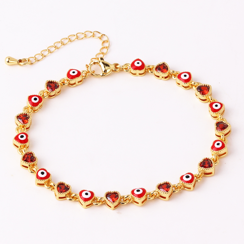 Pulsera con dije de mal de ojo turco y corazón chapado en oro de 18 quilates para mujer, pulsera ajustable con cadena de cobre de la suerte bohemia, joyería de verano: Marrón rojizo