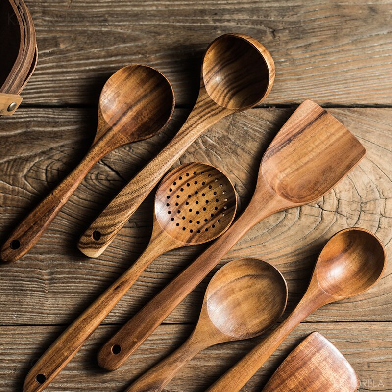 Tailândia teca de madeira natural utensílios de mesa colher colher turner longo arroz escorredor sopa skimmer cozinhar colheres colher cozinha conjunto de ferramentas