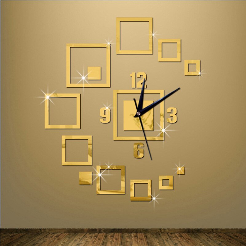 Square mirror wall clock Acrylic three-dimensional environmental wall clock Home bedroom living room decoration clock: Gold