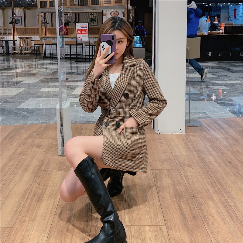 Aelegantmis-costume Vintage pour femme, Blazer à carreaux longs, vêtements d'extérieur d'affaires avec ceinture, Style anglais, printemps automne