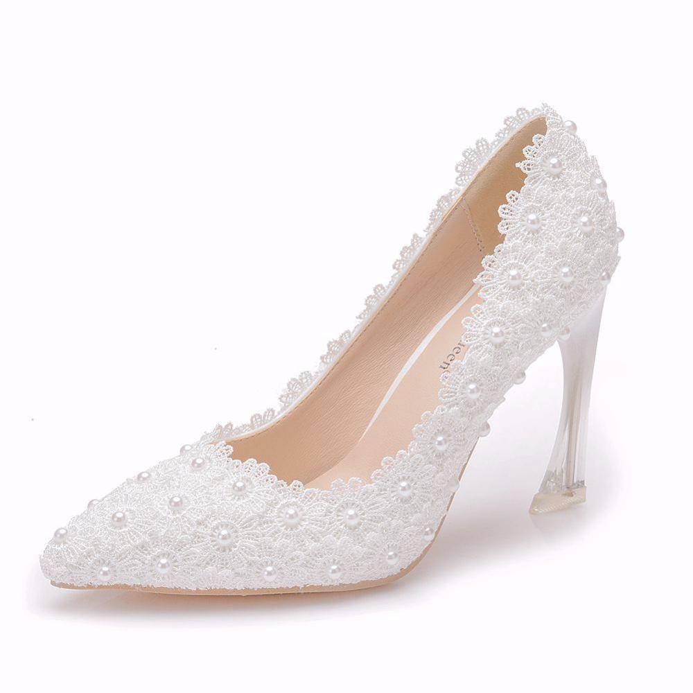 Crystal Queen Wit Kant Hoge Hakken Trouwschoenen bruid Partij Schoenen Vrouwen Pompen Dames Hoge Hakken Bruids Schoenen: 40