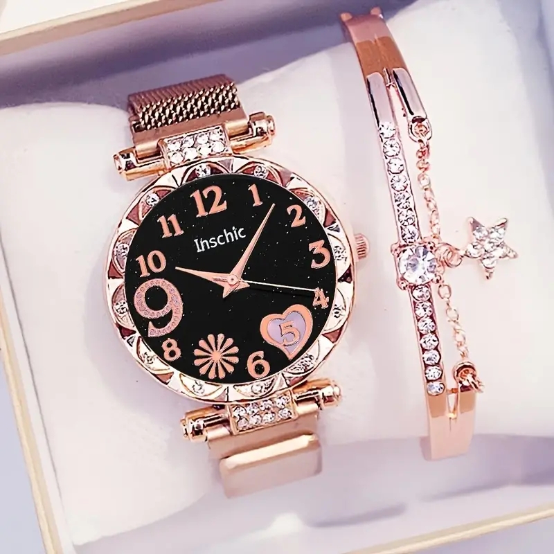 2 Teile/satz Blume Zifferblatt frauen Uhr Magnet Schnalle Gittergewebe Band Quarz Uhren Stern Armbinde einstellen (Ohne Kasten)