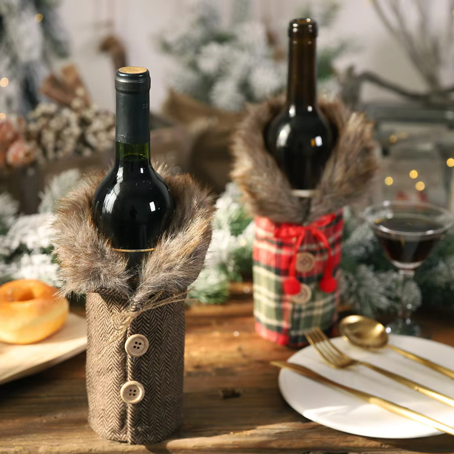 Festival de Navidad, , decoración de botellas de vino, falda a cuadros a rayas, cubierta para botellas de vino, bolsas para botellas de vino tinto,