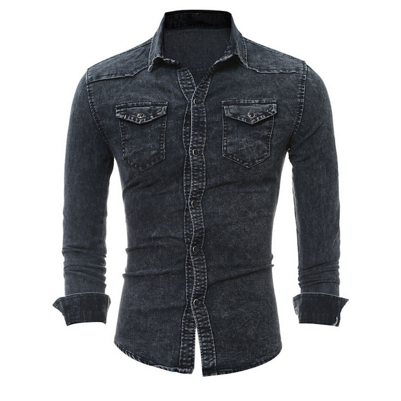 Men's Casual Long Sleeve Bodycon Wash Vintage Slim Fit Denim Jeans Blouse Shirts Tops Man Streetwear Outfits Clothes: Black / M