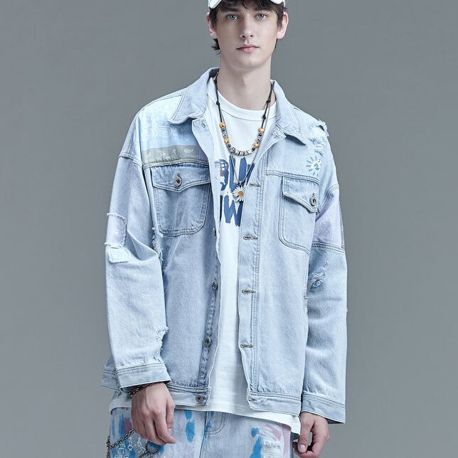 Patchwork Denim chaqueta de abrigo de los hombres de la de las mujeres pañuelo de Hip hop patrón de Paisley vaquero ropa deshilachada pantalones vaqueros rasgados chaqueta