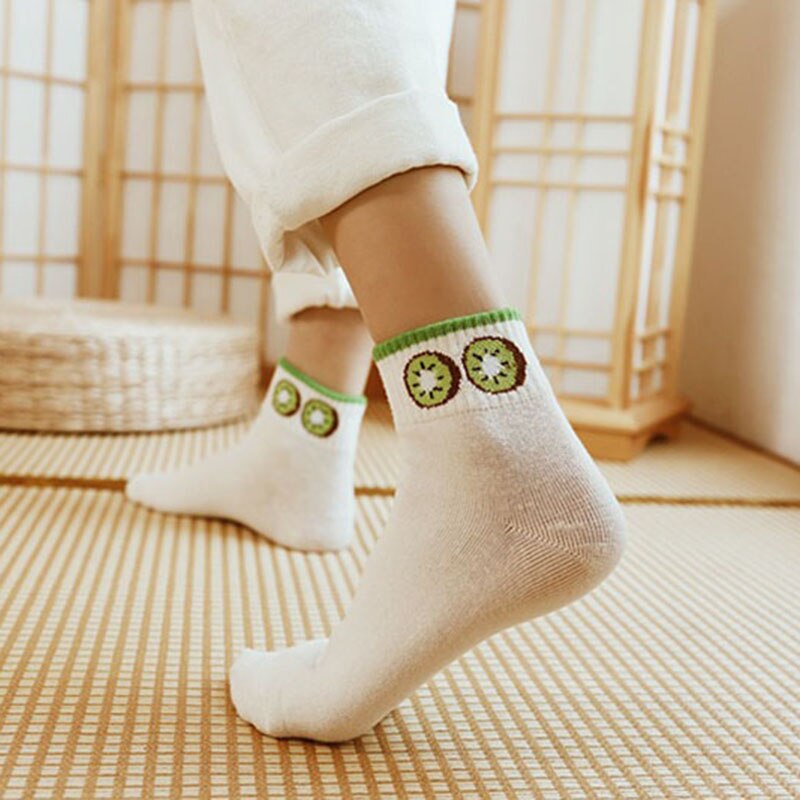 mignon drôle chaussettes femme pêche citron cerise Kiwi fruits chaussettes femmes heureux Calcetines Divertidos Skarpetki blanc Sokken