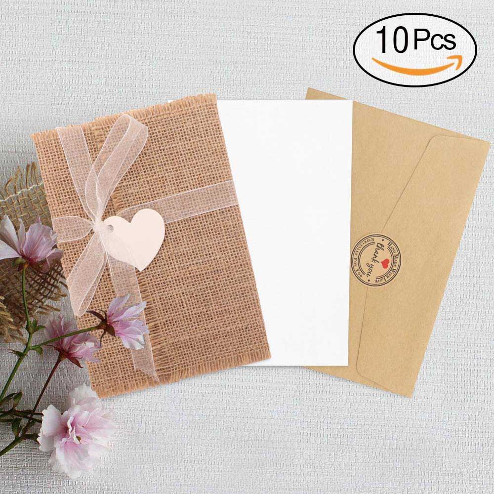 OurWarm-carte d'invitation vierge 50 pièces | Enveloppe en toile de jute et dentelle en cœur, pour invités, décoration de mariage: 10pcs
