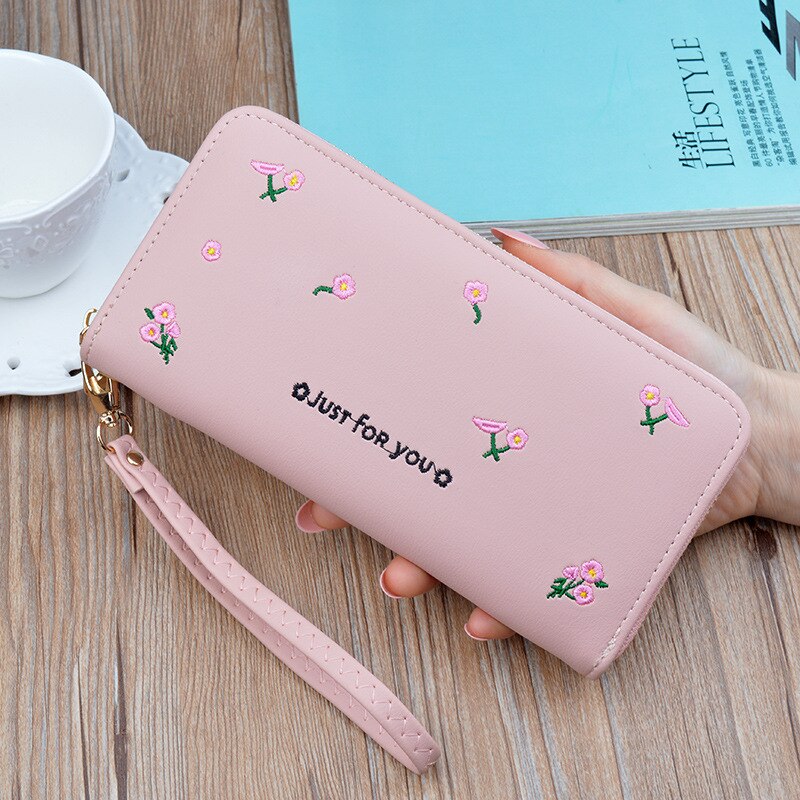 Femmes long portefeuille en cuir synthétique polyuréthane femme broderie fleur portefeuille filles kawaii pochette téléphone sac crédit porte-carte pour le nouvel an: light pink