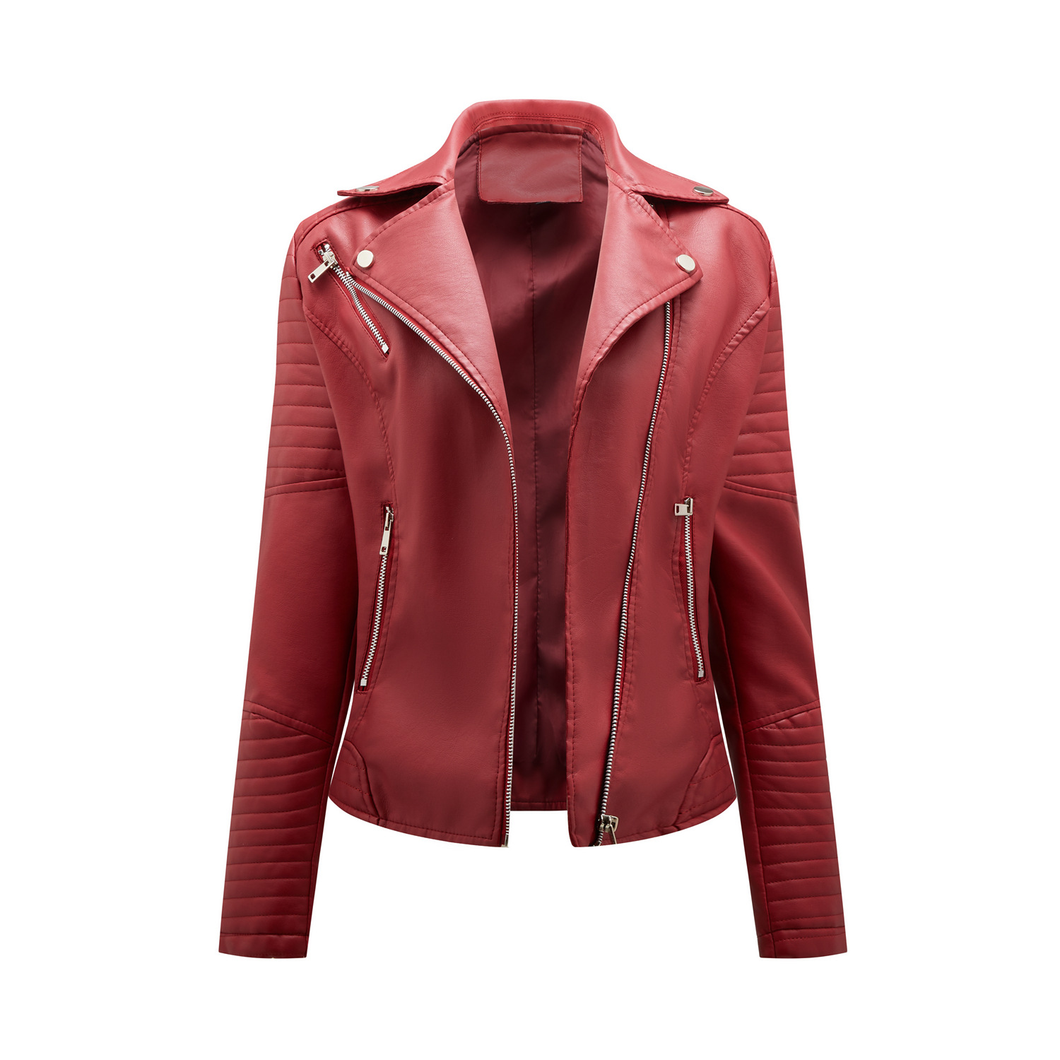 Spring and Autumn short women's leather jacket, Slim lapel biker suit, oblique zipper jacket women's coat