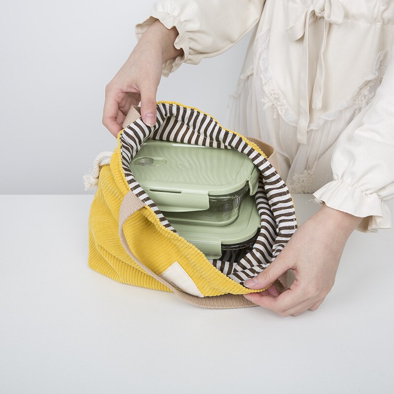 Lancheira portátil de veludo com cordão, bolsa japonesa para lancheira, cor sólida, de lona, feminina, pequena bolsa tote, sacola de comida e piquenique