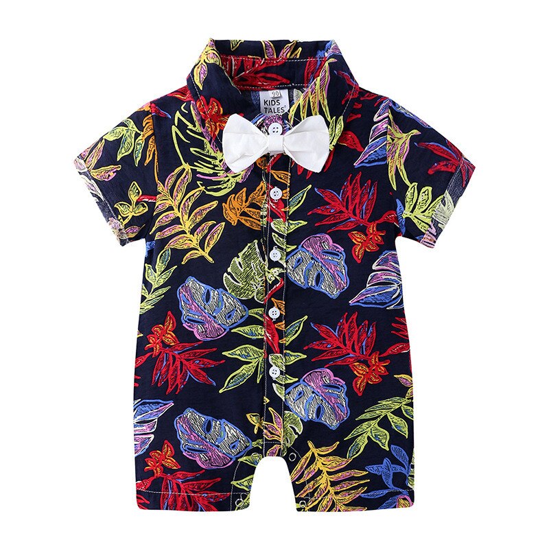 Baby Zomer Kleding Baby Kids Baby Jongens Romper Leaf Print Vlinderdas Turn-Down Kraag Korte Mouwen Jumpsuit: A / 12m