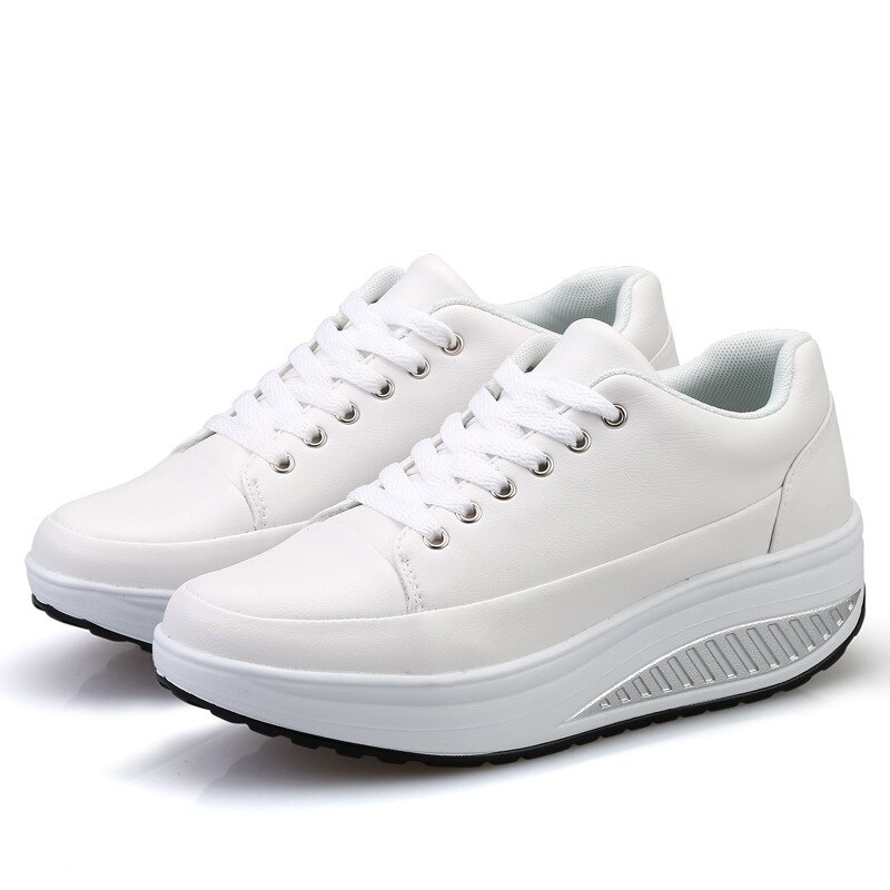 Nowe PU Lady Swing buty dla kobiet 4.5CM wysokość zwiększona wygodne odchudzanie tonujące buty sznurowanie czarne białe kobiety trampki: WHITE / 8.5