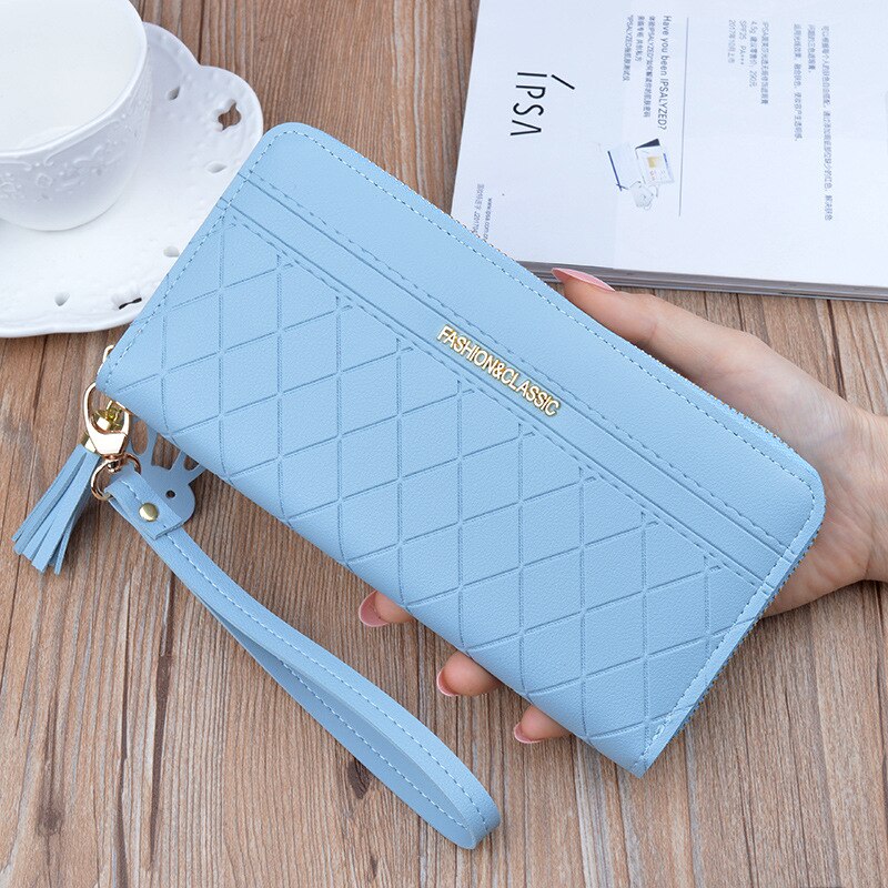 Women Pu Leather Wallets Multifunction Long Zipper Purses Female Coin Card Holders Phone Wallet Girls Portable Clutch: Sky Blue
