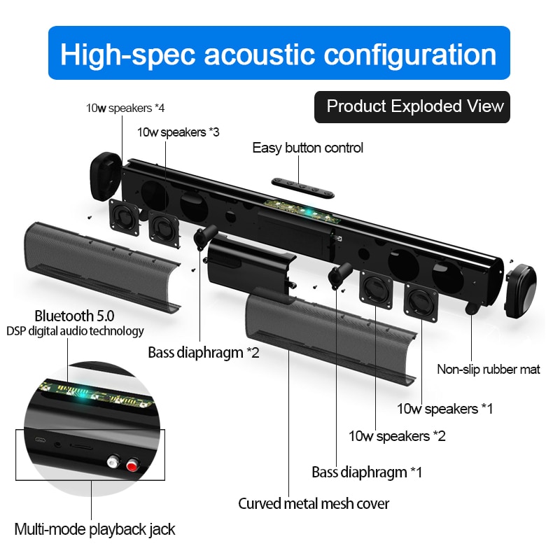Barra de sonido envolvente TWS100W, 40W, con cable y Bluetooth, para PC, cine, altavoz, TF, AUX
